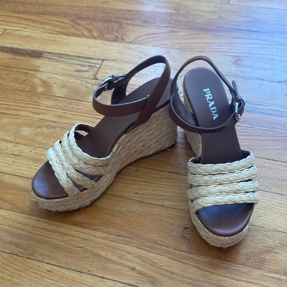 Prada Straw Leather Wedges - Picture 2 of 13